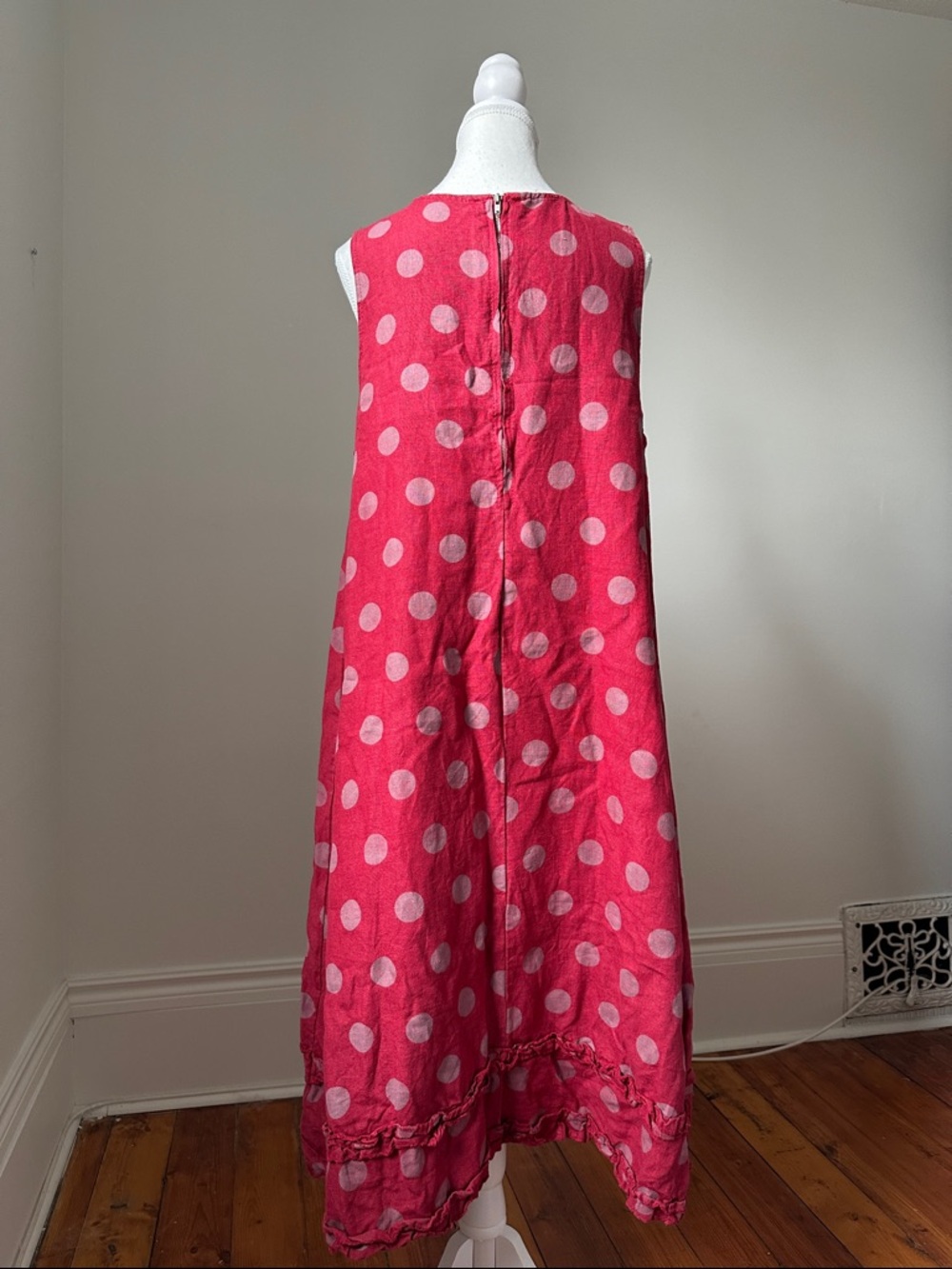 TALIA BENSON 100% Linen Red Polka Dot High Low Ruffle Midi Dress Size Large - Picture 3 of 5